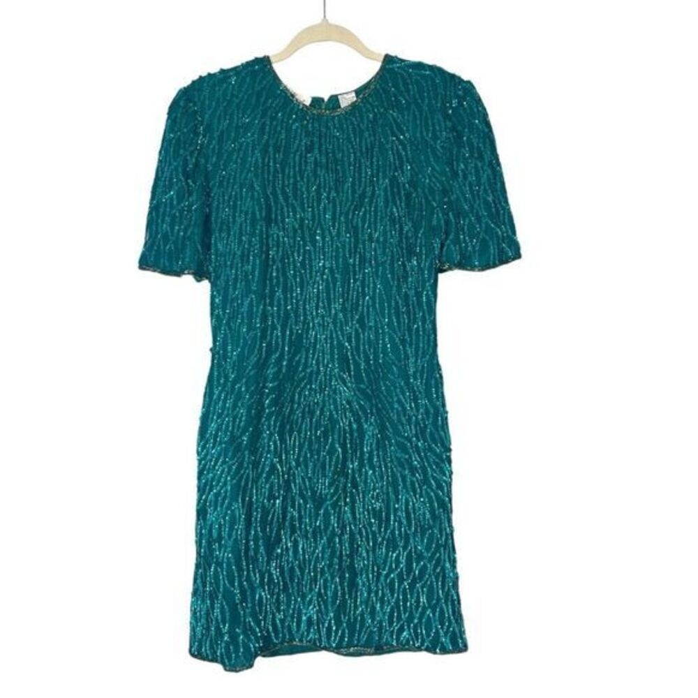 Laurence Kazar Evening Mini Dress PM Emerald Green Silk Sequin Beaded turquoise